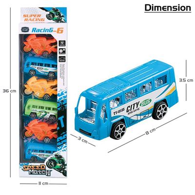 Little Story - Kids Toy Pull Back Bus and Motor Car - Set of 6pcs