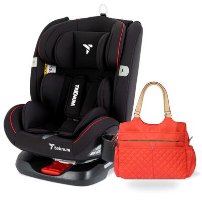 Teknum Evolve 360 Car Seat (0 - 12yrs) with Sunveno Fashion Diaper Bag - Black