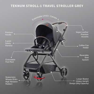 Eazy Kids Teknum Stroll-1 Reversible Travel Stroller - Grey