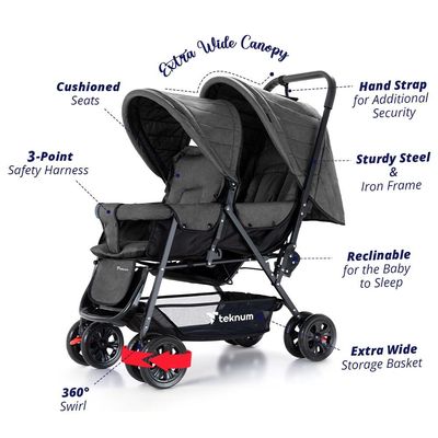 Teknum Double Baby Stroller - Dark Grey