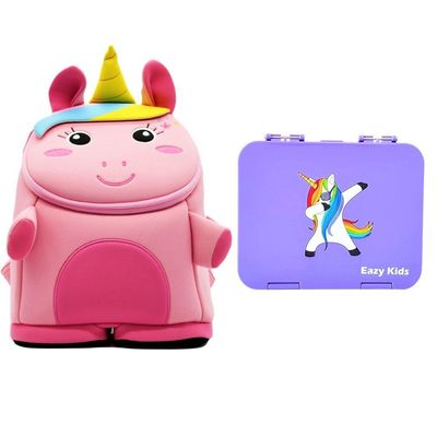 Eazy Kids Nohoo Unicorn 3D Bag + Bento Lunch Box-Purple