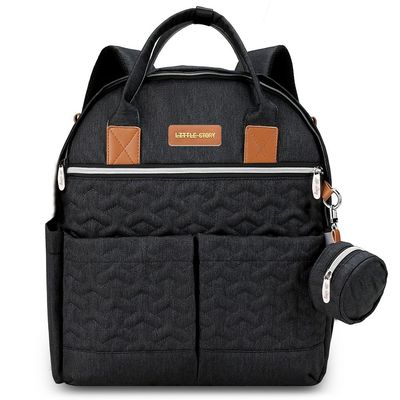 Little Story Quilted Diaper Backpack W/ Pacifier Bag And Stroller Hooks-Black