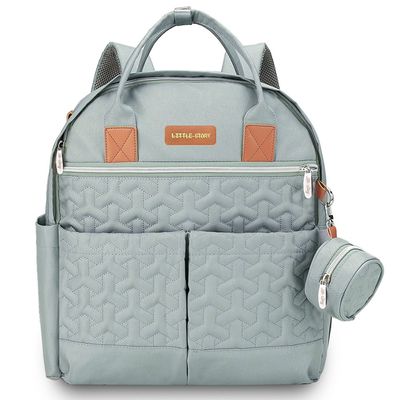Little Story Quilted Diaper Backpack W/ Pacifier Bag And Stroller Hooks-Wedgewood Green