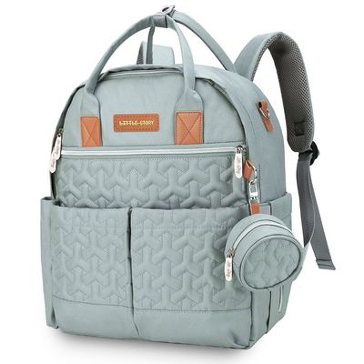 Little Story Quilted Diaper Backpack W/ Pacifier Bag And Stroller Hooks-Wedgewood Green