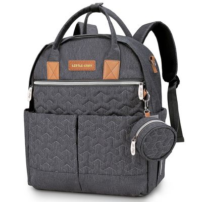 Little Story Quilted Diaper Backpack W/ Pacifier Bag And Stroller Hooks-Grey