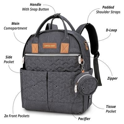 Little Story Quilted Diaper Backpack w / Pacifier bag and Stroller hooks - Grey