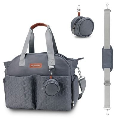 Little Story Quilted Diaper Bag w / Pacifier Pouch - Dark Grey