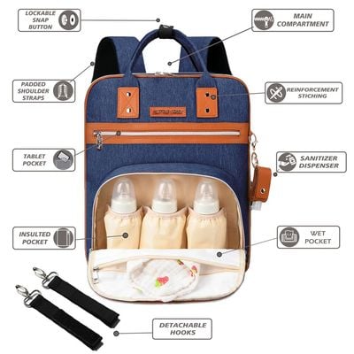 Little Story 2In1 Diaper Bag W/ Sanitizer Bottle Keychain & Stroller Hooks - Blue