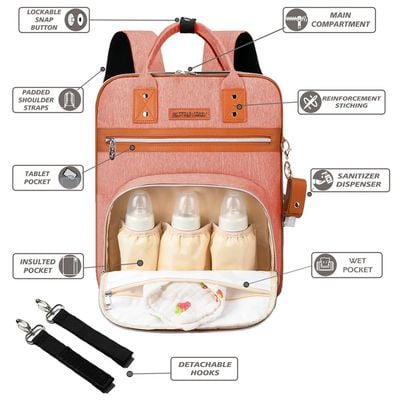 Little Story 2In1 Diaper Bag W/ Sanitizer Bottle Keychain & Stroller Hooks - Pink