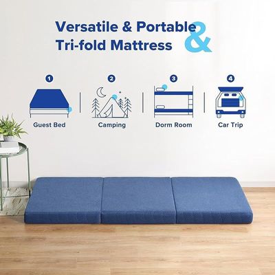 Vital Tri-Folding Foam Mattress, 4" Single Size, Play Mat, Foldable Bed, Guest Beds, Portable Bed