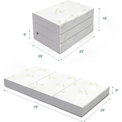 Vital 6 Inch Tri Folding Mattress Twin Size with Storage Bag, Foldable Memory Foam Topper Portable Floor Guest Bed with Removable Bamboo Cover, Breathable Washable (Single - W 90 x L 180 cm)