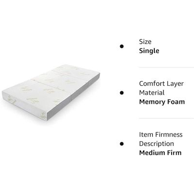 Vital 6 Inch Tri Folding Mattress Twin Size with Storage Bag, Foldable Memory Foam Topper Portable Floor Guest Bed with Removable Bamboo Cover, Breathable Washable (Single - W 90 x L 180 cm)