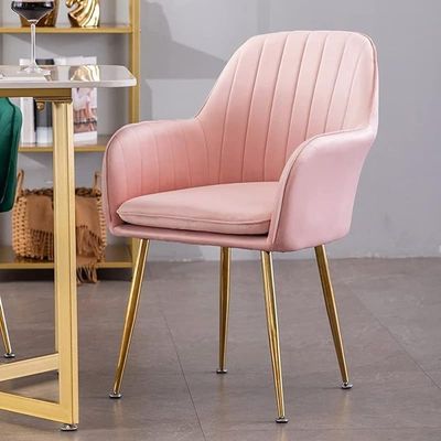 Mid-Century Velvet Upholstered Armchair with Golden Legs - Pink