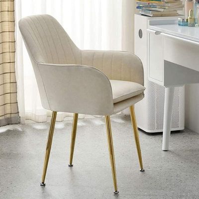 Mid-Century Velvet Upholstered Armchair with Golden Legs - Beige