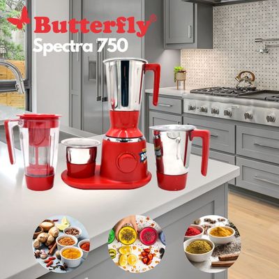 Butterfly SPECTRA 750 Mixer Grinder - 750W, 4 Jars, Ultra-Powerful Motor, Red