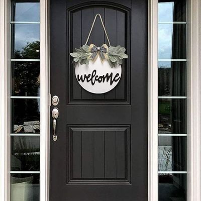 Wreath Theme Hanging Welcome Board Sign - Black And White