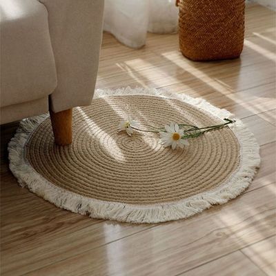 Hand Woven Jute Tassel Round Living Room Carpet With Anti Slip Bottom (Size 80CM)