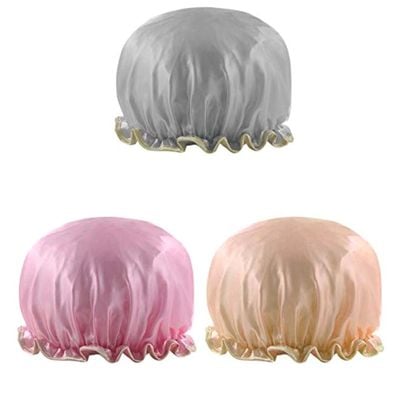 3-Piece Double Layer Shower Cap Set Grey/Pink/Gold