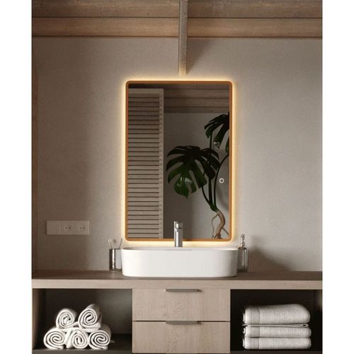 Backlit Vanity Gold Frame Wall Mirror with Rounded Corners 