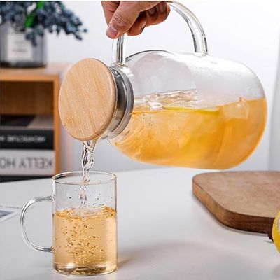 1CHASE® Borosilicate Glass Water Pitcher With Bamboo Lid And Stainless Steel Strainer 1800 ML