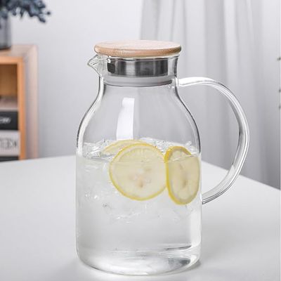 1CHASE® Borosilicate Glass Water Pitcher With Bamboo Lid And Stainless Steel Strainer 1800 ML