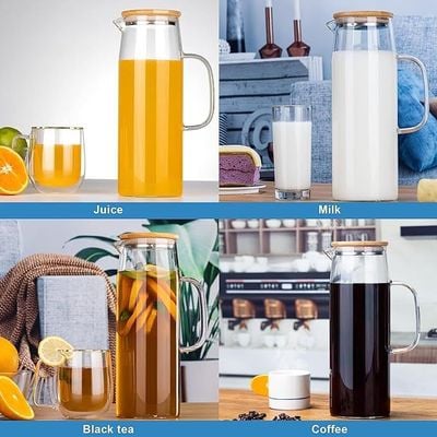 1CHASE® Borosilicate Water Jug With Handle and Bamboo Lid 1800 ML