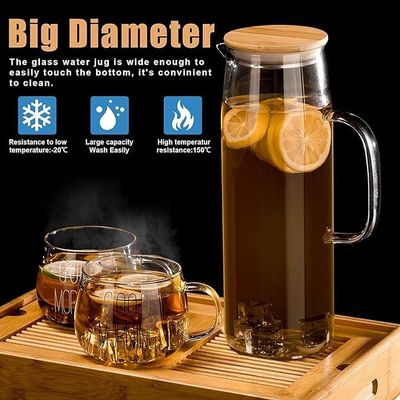 1CHASE® Borosilicate Water Jug With Handle and Bamboo Lid 1800 ML