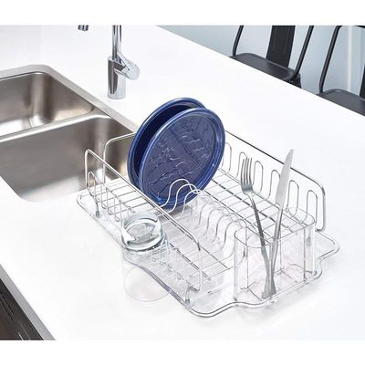 Idesign Forma Stainless Steel Sink Dish Drainer Rack With Tray Kitchen DryingRack For DryingGlasses, Silverware, Bowls, Plates, Clear