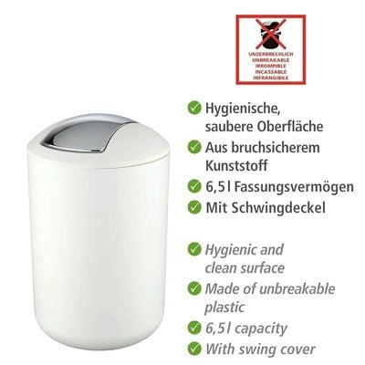 WENKO Swing Cover Bin Brasil, Plastic, Home and Bathroom Waste Trash Can, Lidded Dustbin, Lightweight &amp; Sturdy, 6.5 Litre, 19.5x19.5x31cm, White