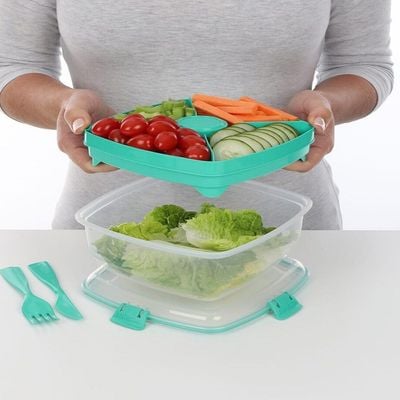 Sistema Salad Max To Go 1.63L ,Stackable & portable salad storage box, cutlery included & divided trays with easy locking clips. Its Microwave, Dishwasher Safe & BPA Free. Green Clip