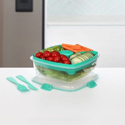 Sistema Salad Max To Go 1.63L ,Stackable & portable salad storage box, cutlery included & divided trays with easy locking clips. Its Microwave, Dishwasher Safe & BPA Free. Green Clip