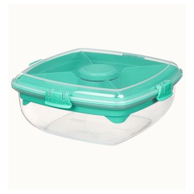 Sistema Salad Max To Go 1.63L ,Stackable & portable salad storage box, cutlery included & divided trays with easy locking clips. Its Microwave, Dishwasher Safe & BPA Free. Green Clip