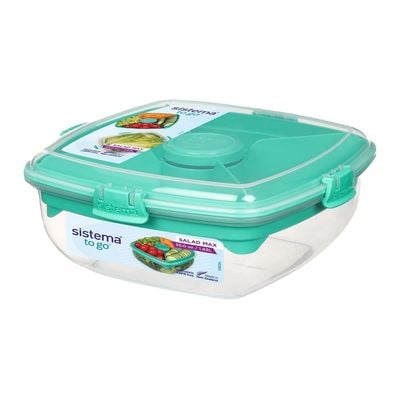 Sistema Salad Max To Go 1.63L ,Stackable & portable salad storage box, cutlery included & divided trays with easy locking clips. Its Microwave, Dishwasher Safe & BPA Free. Green Clip