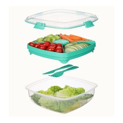 Sistema Salad Max To Go 1.63L ,Stackable & portable salad storage box, cutlery included & divided trays with easy locking clips. Its Microwave, Dishwasher Safe & BPA Free. Green Clip