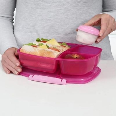 Sistema Lunch Cube Max With Yogurt Pot, 2L stackable food storage box, best for schools, work. Comes with 2 levels of storage, is microwave, Dishwasher safe & BPA Free, Pink