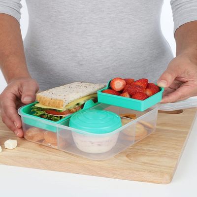 Sistema Bento Cube To Go, 1.25L Lunch Box is stackable & comes with Yogurt Pot and Easy Locking Clip, multi compartments. Is Microwave, Dishwasher safe & BPA Free. Green