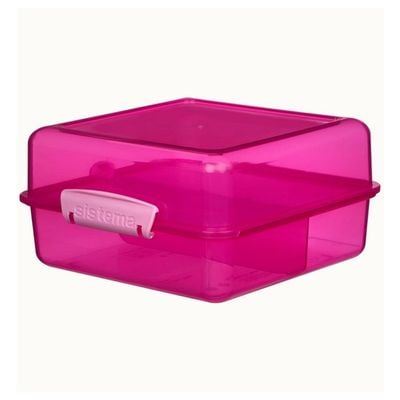 Sistema Lunch Cube Coloured 1.4L Two level Food Storage Box with multiple compartments and easy locking clips. Is Microwave & Dishwasher Safe and BPA Free, Pink