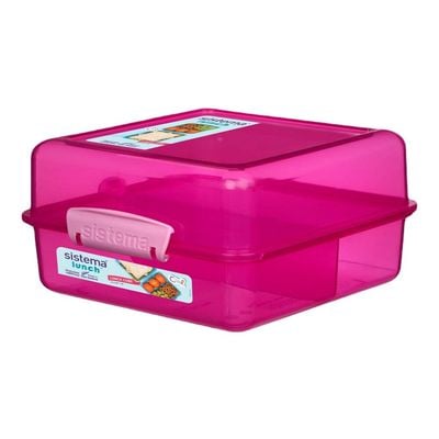 Sistema Lunch Cube Coloured 1.4L Two level Food Storage Box with multiple compartments and easy locking clips. Is Microwave & Dishwasher Safe and BPA Free, Pink