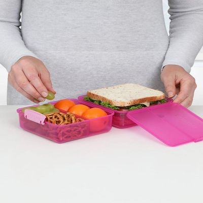 Sistema Lunch Cube Coloured 1.4L Two level Food Storage Box with multiple compartments and easy locking clips. Is Microwave & Dishwasher Safe and BPA Free, Pink