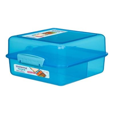 Sistema Lunch Cube Coloured 1.4L Two level Food Storage Box with multiple compartments and easy locking clips. Is Microwave & Dishwasher Safe and BPA Free, Blue