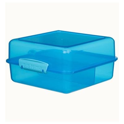 Sistema Lunch Cube Coloured 1.4L Two level Food Storage Box with multiple compartments and easy locking clips. Is Microwave & Dishwasher Safe and BPA Free, Blue