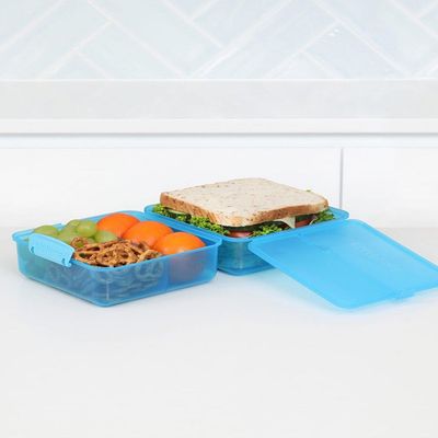 Sistema Lunch Cube Coloured 1.4L Two level Food Storage Box with multiple compartments and easy locking clips. Is Microwave & Dishwasher Safe and BPA Free, Blue