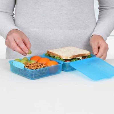 Sistema Lunch Cube Coloured 1.4L Two level Food Storage Box with multiple compartments and easy locking clips. Is Microwave & Dishwasher Safe and BPA Free, Blue