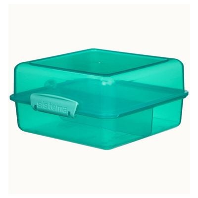 Sistema Lunch Cube Coloured 1.4L Two level Food Storage Box with multiple compartments and easy locking clips. Is Microwave & Dishwasher Safe and BPA Free, Green