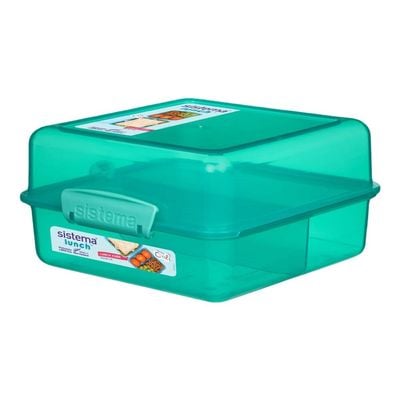 Sistema Lunch Cube Coloured 1.4L Two level Food Storage Box with multiple compartments and easy locking clips. Is Microwave & Dishwasher Safe and BPA Free, Green