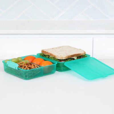 Sistema Lunch Cube Coloured 1.4L Two level Food Storage Box with multiple compartments and easy locking clips. Is Microwave & Dishwasher Safe and BPA Free, Green