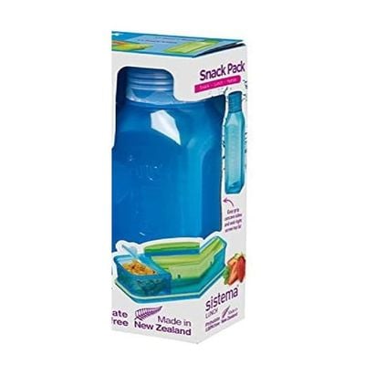 Sistema Snack Pack Duo consist of food storage box and 475ml Bottle. Its Leak Proof, Stackable, Microwave, Dishwasher safe and Phthlate & BPA Free. Blue