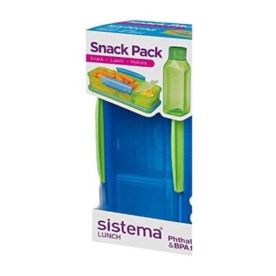Sistema Snack Pack Duo consist of food storage box and 475ml Bottle. Its Leak Proof, Stackable, Microwave, Dishwasher safe and Phthlate & BPA Free. Blue