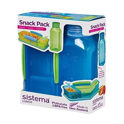 Sistema Snack Pack Duo consist of food storage box and 475ml Bottle. Its Leak Proof, Stackable, Microwave, Dishwasher safe and Phthlate & BPA Free. Blue