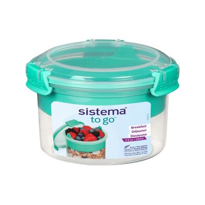 Sistema Breakfast Bowl To Go 530ML stackable food storage container with removable tray, a spoon and easy locking clips. Is Microwave, dishwasher safe & BPA Free, Green Clip